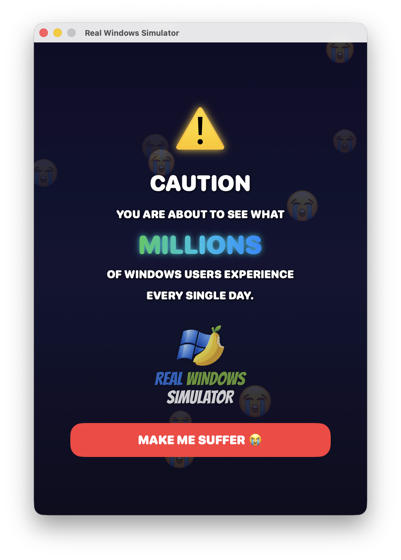 Real Windows Simulator — Caution screen